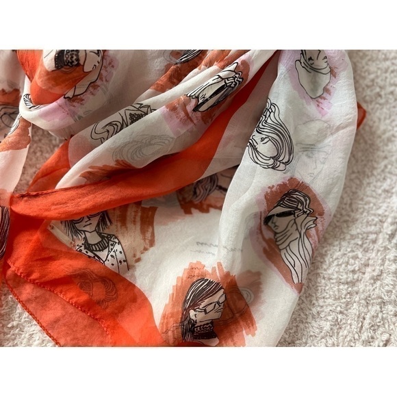 BCBGMaxAzria White Orange Fashion Sketch Faces Semi Sheer 100% Silk Scarf Wrap - Picture 4 of 6